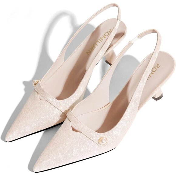 🆕 Women Rose Gold Faux Leather Kitten Heels Slingback Pearl Pumps - Picture 5 of 7